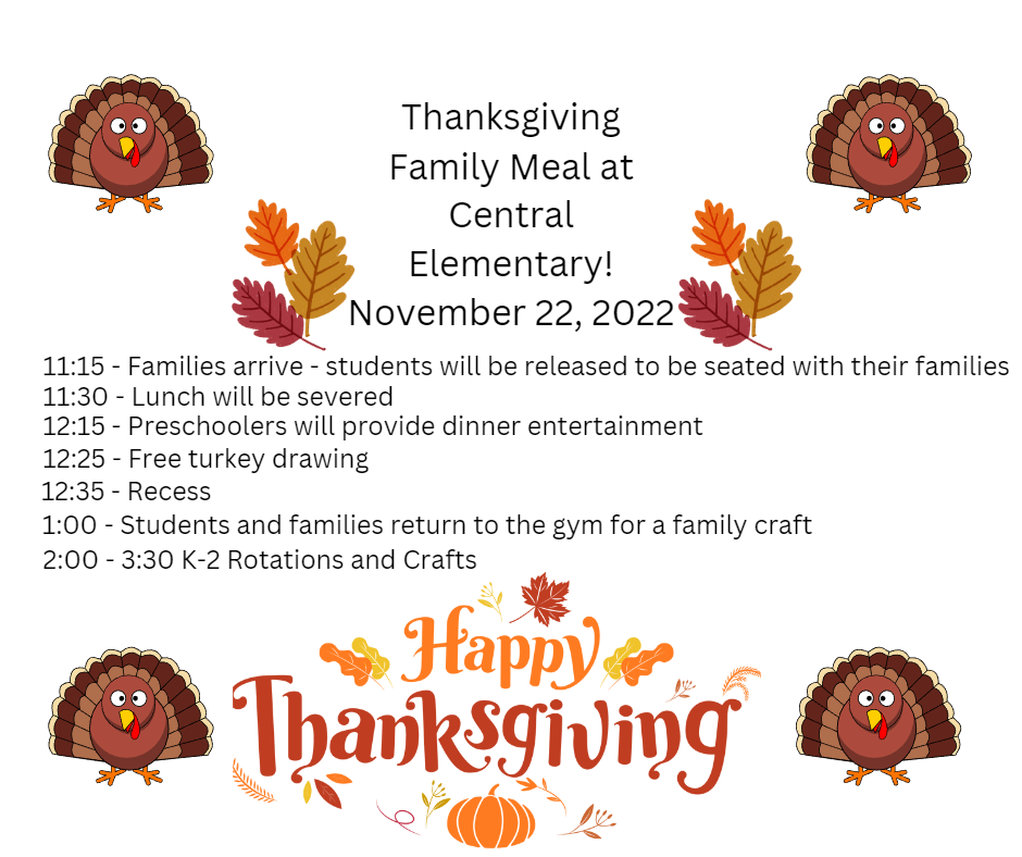 Thanksgiving Dinner Schedule for Tuesday!
